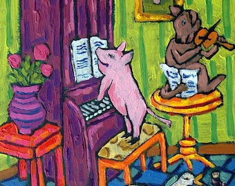 pig duck dog musical compilation animal art print - stretched canvas or paper print - multiple sizes available