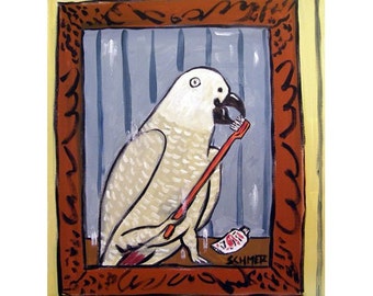 African Grey Parrot Brushing Teeth Bird Art Print 13x19