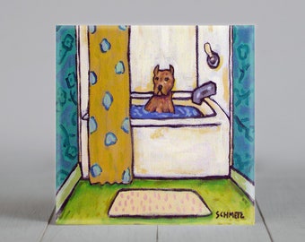 piyt bull taking a bath dog art tile coaster gift