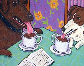 Jack Russell Terrier Chocolate Labrador Retriever at the coffee shop dog art tile coaster - multiple sizes available