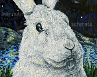 bunny at night animal art print on stretched canvas