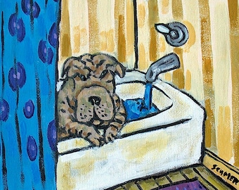 shar pei artwork dog art print - bathroom decor - stretched canvas or paper print - multiple sizes