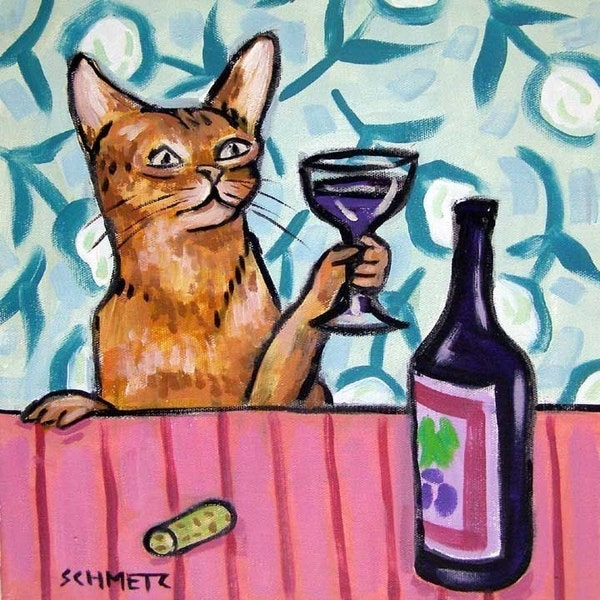 orange cat at the wine bar art tile coaster gift - multiple sizes - cat lover gifts