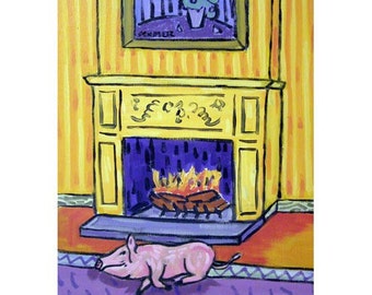 Pig By the Fireplace Art Print