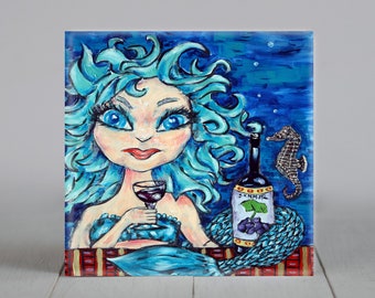 Mermaid with sea horse wine art tile coaster gift fantasy art work gift