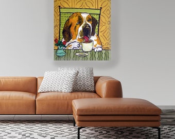 ST. bernard saint bernard dog at the coffee shop - stretched canvas or paper print - multple sizes