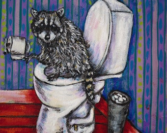 raccoon in the bathroom decor animal art ready to hang canvas or paper print gift by artist schmetz