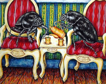 dung beetle tea time - home decor coaster art tile