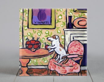 Jack Russell Terrier Apple Thief Dog Art coaster tile Gift - multiple sizes
