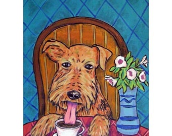 Airedale Terrier at the Coffee Shop Dog art Print  JSCHMETZ modern abstract FOLK pop art american ART