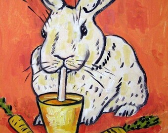 bunny drinking carrot juice - animal art - tile coaster - gift