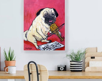print pug , pug art, violin pug, animal decor , pug canvas print