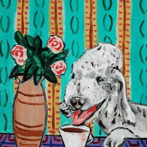 bedlington terrier at the coffee shop dog art print - stretched canvas OR PAPER PRINT