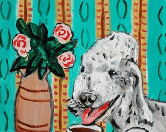 Bedlington Terrier at the coffee shop dog art print - stretched canvas or paper print - multiple sizes available