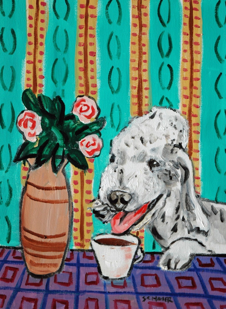 bedlington terrier at the coffee shop dog art print - stretched canvas OR PAPER PRINT