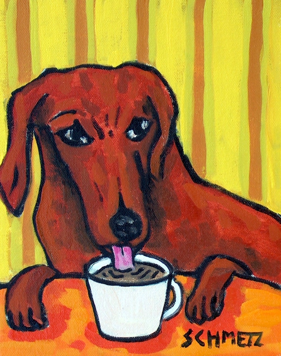 Dachshund Art Dog at the Coffee Shop Art Print on Matte or Glossy