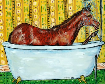 Quarter Horse taking a bath - animal art - tilecoaster - gift - bathroom decor