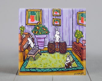 bunny tile - bunny art - The Bunny Trio Rabbit Animal Art coaster tile - bunny gift