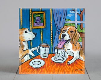 Beagle having Tea _ dog art - tile coaster - animal lover gift - home decor