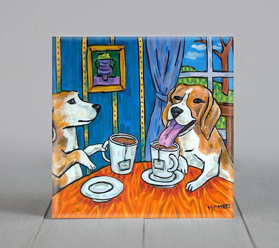 Beagle Having Tea _ Dog Art - Tile Coaster - Animal Lover Gift