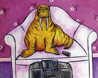 Walrus Watching TV Animal art tile coaster