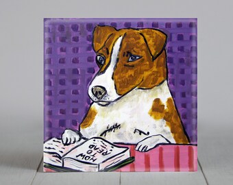 jack russelll terrier reading art tile coaster gift - multiple sizes