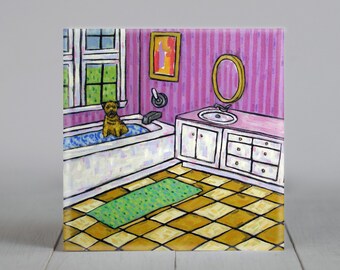 Border Terrier Taking a Bath Dog Art coaster tile