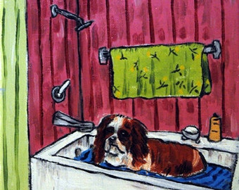 Cavalier King Charles Spaniel Taking a Bath Dog Art Print 13x19