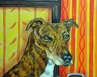 Greyhound Dog at the Coffee Shop - Dog Art Print, Giclee on Stretched Canvas