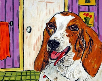 basset hound art, office decor, dental dog, bathroom print, dog art print, canvas wall art, basset print, brushing teeth, gift, basset print