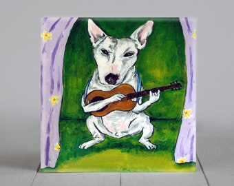 bull terrier guitarist dog art tile coaster animal gifts decor