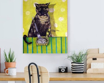 Tortoise shell cat eating sardines art print - 13x19 on matte or glossy paper