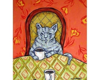 cat art - Grey Cat At the Coffee Shop Cafe Animal Art Print, cat gifts, gift