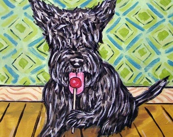 Scottish Terrier with a Lolipop Dog Art coaster tile