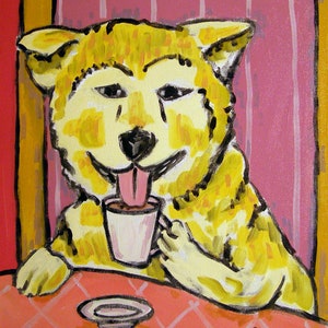 akita at the coffee shop dog art print on matte or glossy paper - home decor artwork