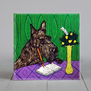 scottish terrier writing - dog art - tile coaster - animal lover gift - home decor