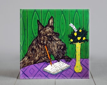 scottish terrier writing - dog art - tile coaster - animal lover gift - home decor