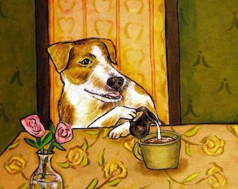 Jack Russell Terrier at the Cafe Dog art tile coaster