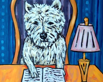 West Highland White Terrier Reading a Book Dog Art Print  JSCHMETZ modern folk library