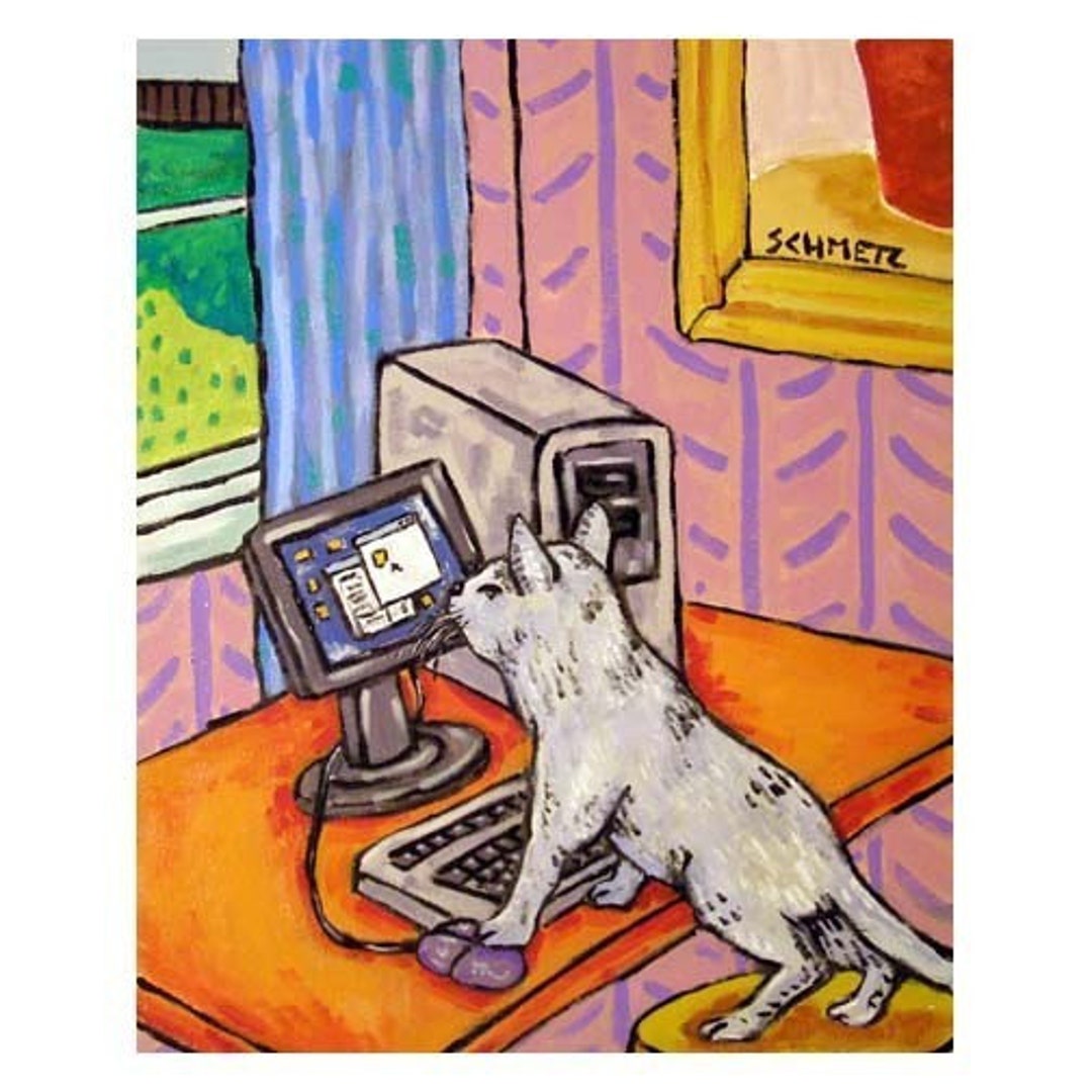 Cat Art Grey Cat Working From Home Animal Art Print, Cat Gifts, Gift - Etsy