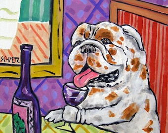 Bulldog art wine decor - stretched canvas or paper print - dog lover gift for him or her