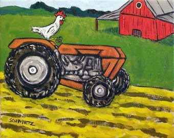 chicken on the farm tractor art print on ready to hang canvas print - multiple sizes