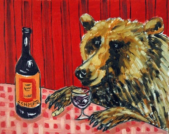 brown bear at the wine bar animal art on ready to hang gallery wrapped canvas - kitchen home decor