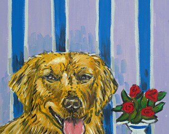 golden retriever, dog art, canvas wall, dog coffee, coffee canvas print, gift dog, canvas print, animal decor, animal artist, stripes decor