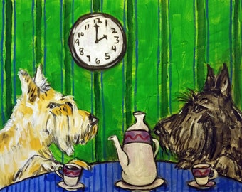scottish terrier tea time dog art print on ready to hang canvas print - home decor
