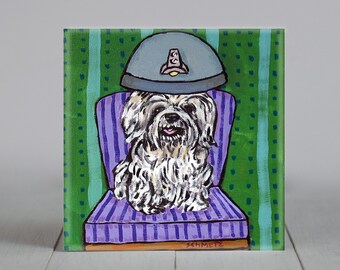 havanese at the salon under a hair dryer - coaster tile gift - multple sizes