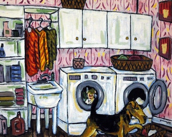 Airedale Terrier Doing the Laundry Dog Art coaster tile Gift