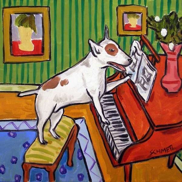 Bull terrier playing piano dog art coaster tile - multipel sizes