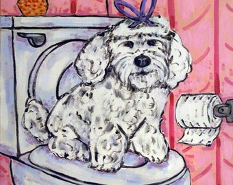 Maltese in the Bathroom Dog Art coaster tile Animal Gift