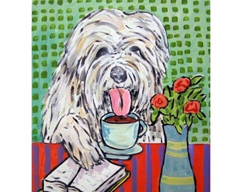 old english sheepdog coffee art print - 13x19 dog decor - matte or glossy